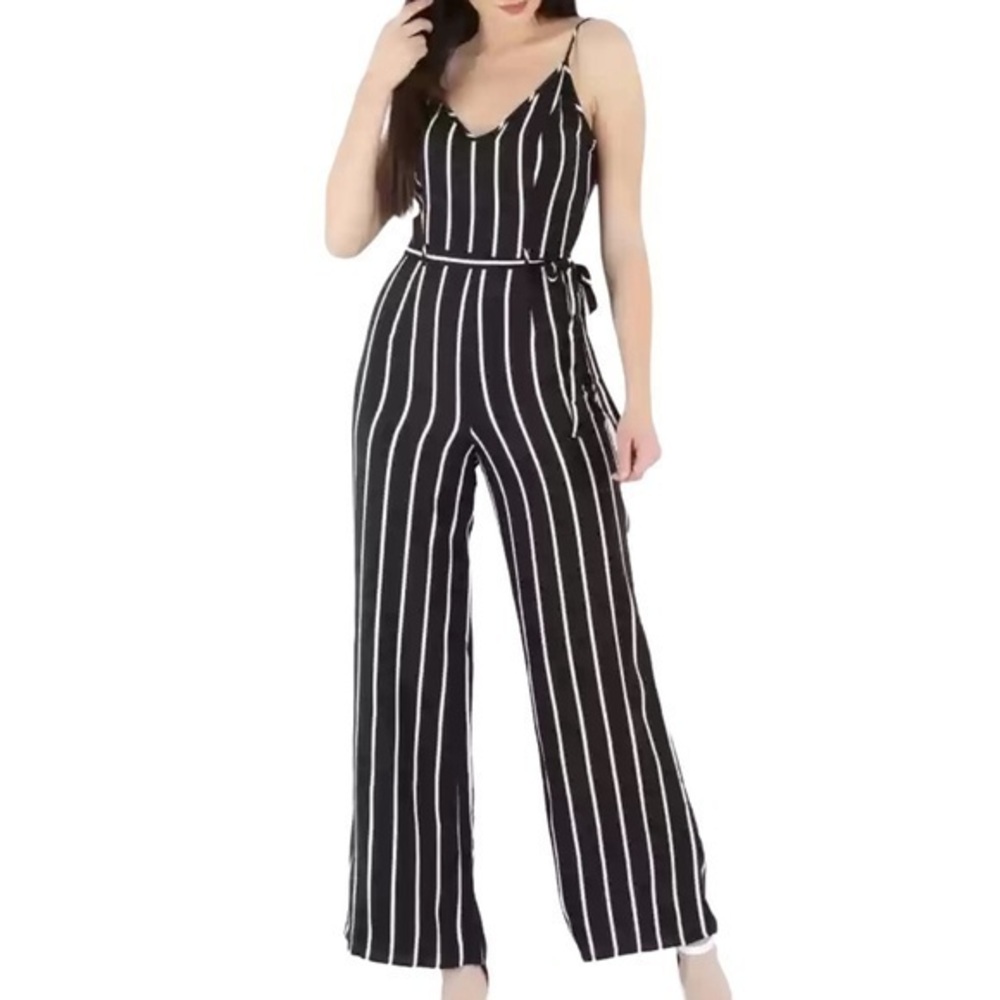 Rue21 Striped Wide Leg Jumpsuit Size Large Black Spaghetti Strap